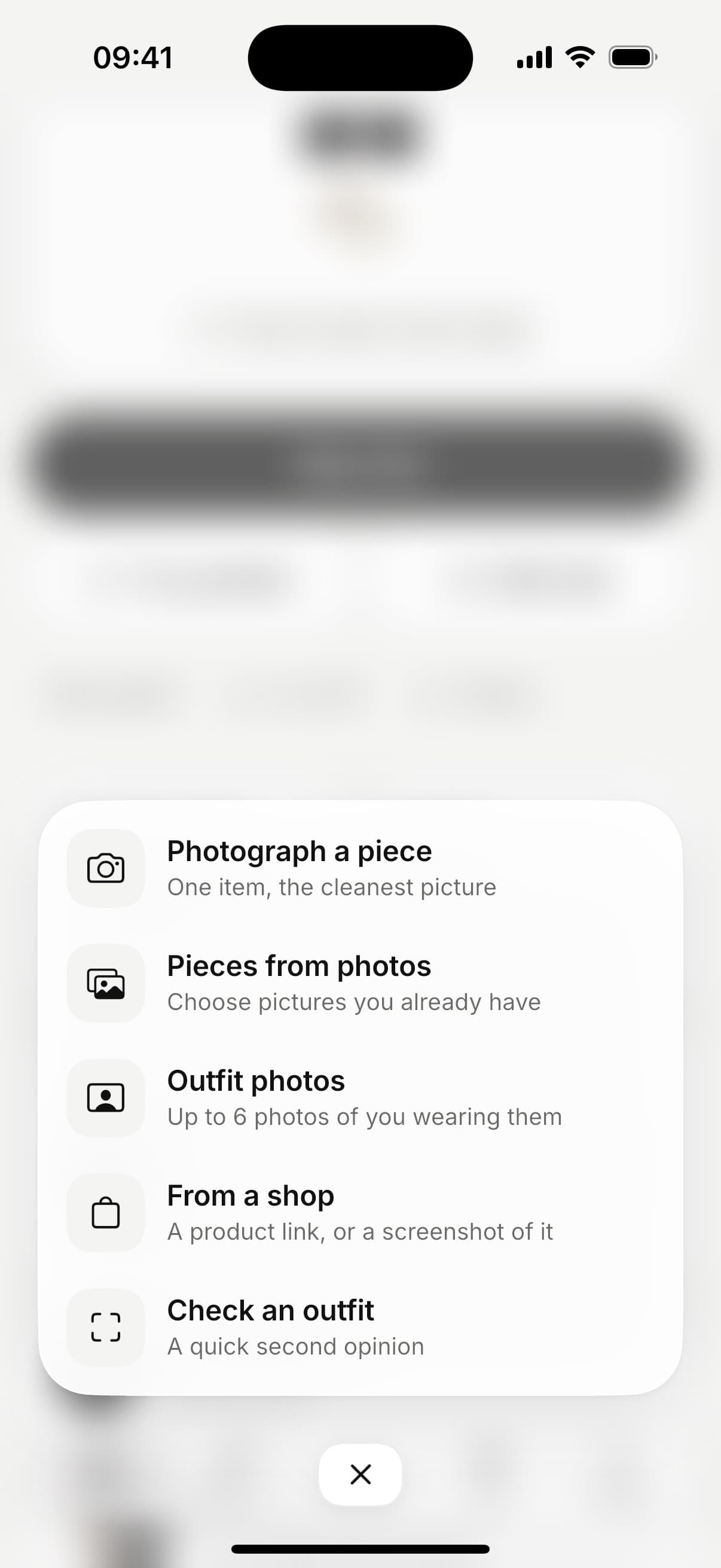 LACE app, the menu for adding pieces